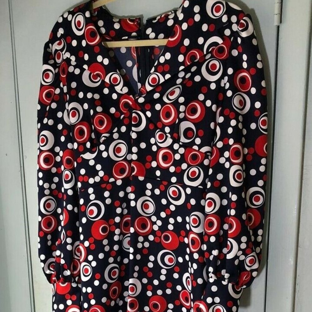 70's maxi dress red white blue polka dot geometric